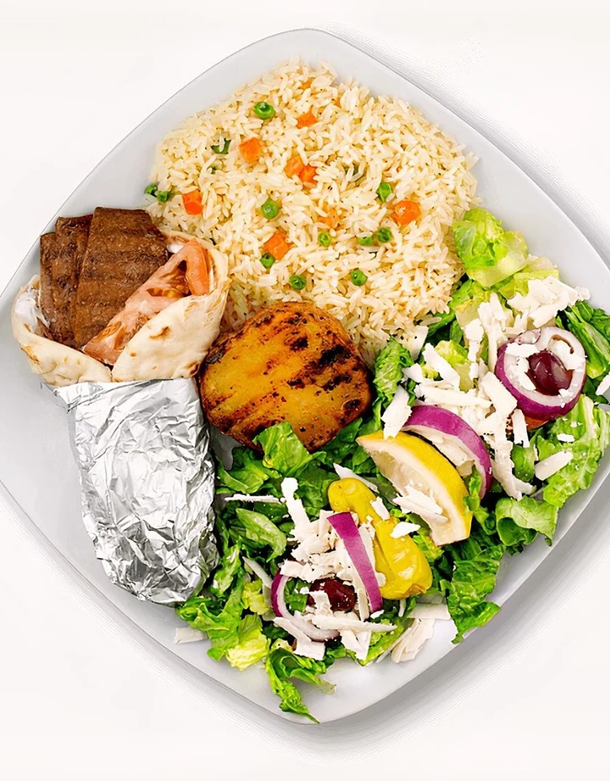 Beef donair platter with rice and salad at Great Canadian Pizza & Butter Chicken Hut - Macleod on Macleod Trail in Calgary
